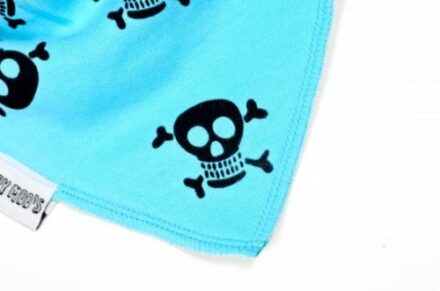 Skull & crossbones funky bright blue bandana bib, black pirate print