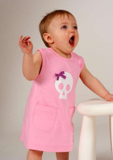 Baby girls dress with skull print & bow, pink alternative baby dress