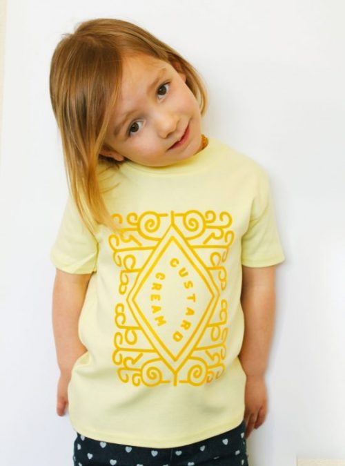 Cute Kids Top, Fun yellow kids top with custard cream printed design